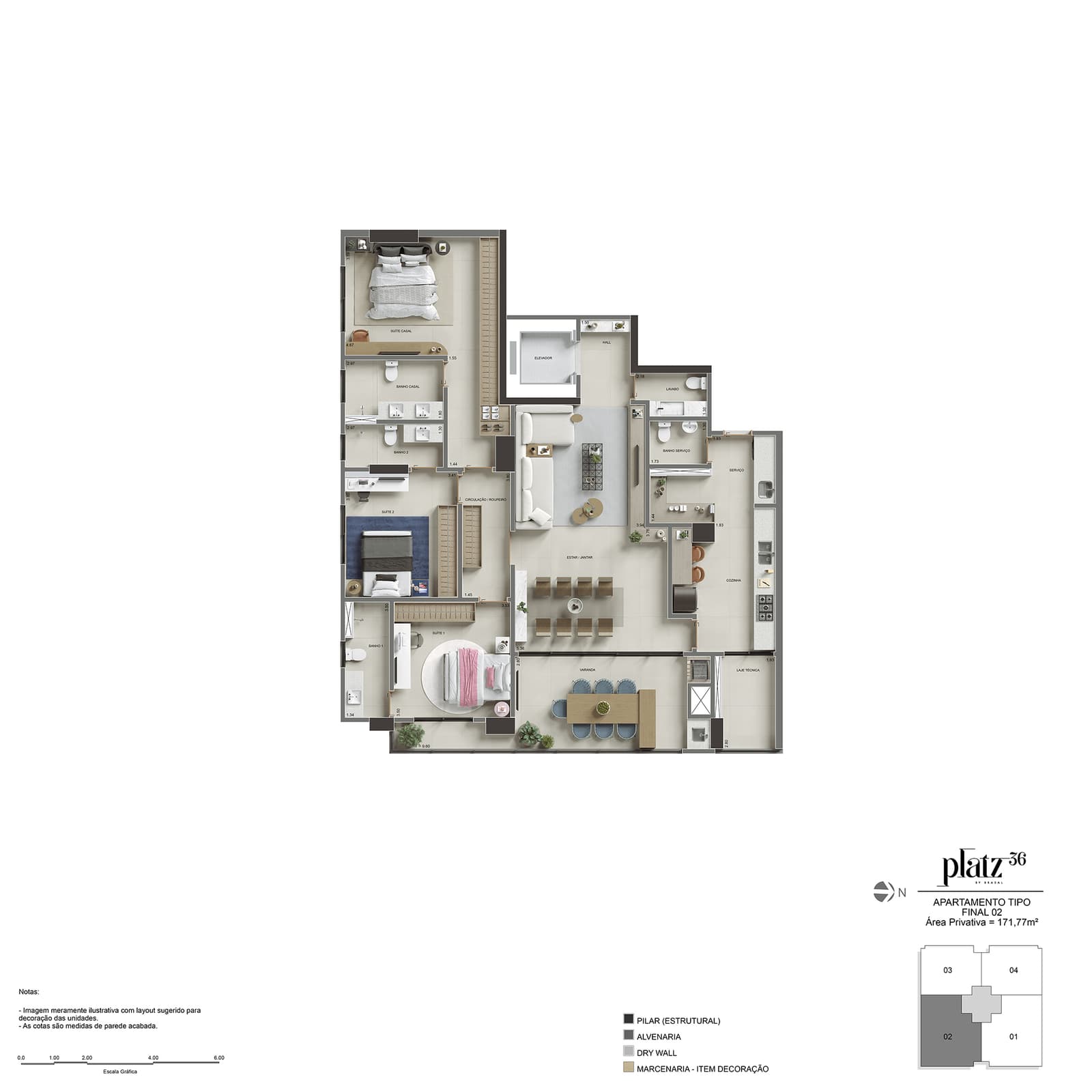 APARTAMENTO BUENO - 03 SUITES PLENAS - 03 VAGAS + ESCANINHO - PLATZ 36 BRASAL